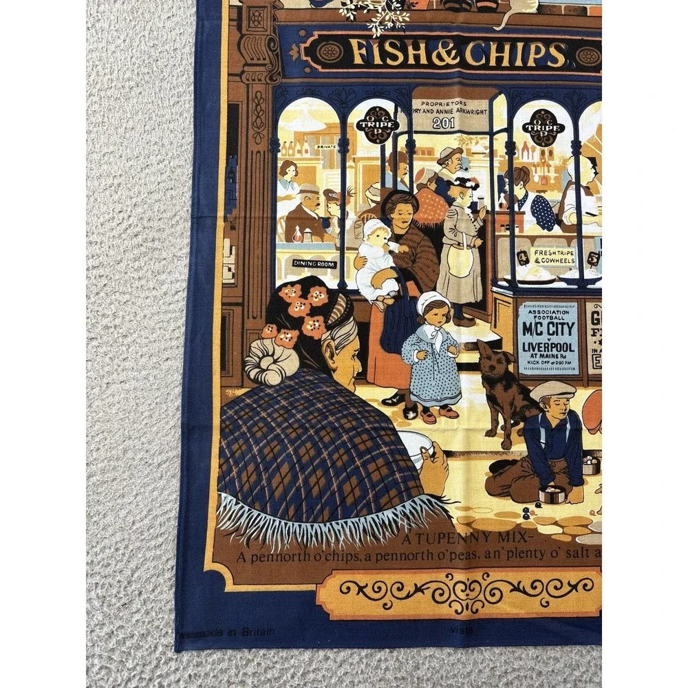 Vintage Fish & Chips Victorian Shop Tea Towel MCM 100% Cotton Kitchen Cat